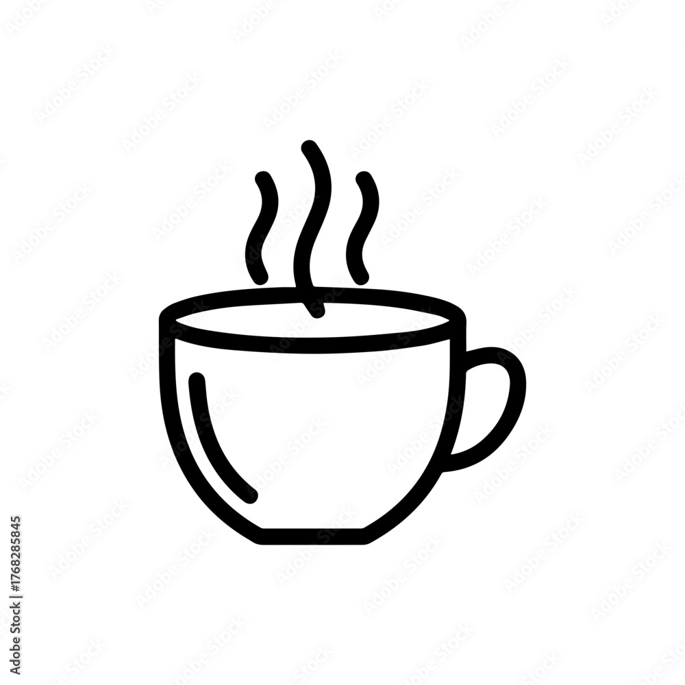 Obraz premium cup of hot coffee Simple black line icon of a hot coffee or tea cup with steam on white background. Perfect for cafe, beverage, breakfast, or minimalist design and graphic illustration projects.