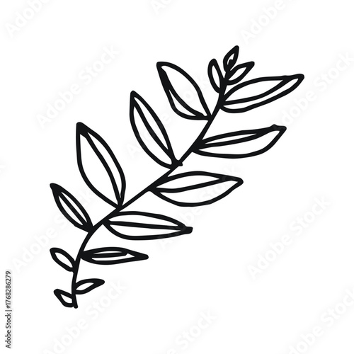 Minimalist botanical illustration of a leafy sprig hand-drawn in a simple sketch style