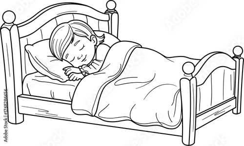 Peaceful child sleeping in cozy bed with blanket, bedtime rest illustration, relaxing night comfort, calm dreams, serene childhood vector art