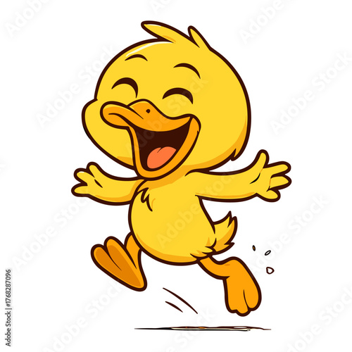 Joyful cartoon duckling mascot happily jumps.