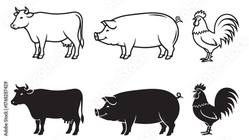 Farm animal illustrations in black and white with a transparent background silhouette