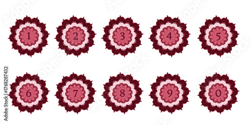 Vector Layered Floral Badge Burgundy and Cherry Red Number 0 Tob9 for Design Projects On transparent background