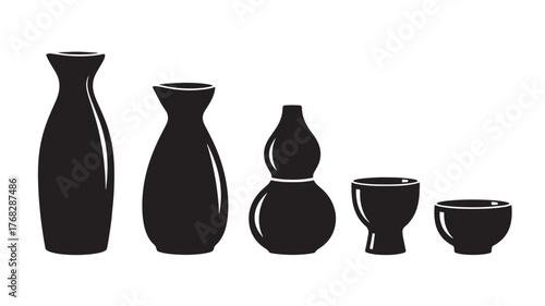Elegant black japanese sake set silhouettes on transparent background