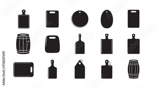 Collection of black cutting boards in various shapes on transparent background silhouette