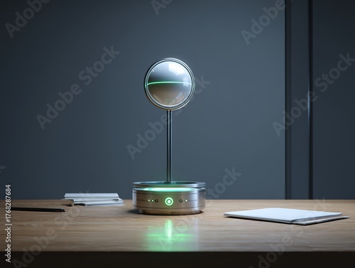 Modern desk lamp casting a soft glow, blending technology with minimalist design