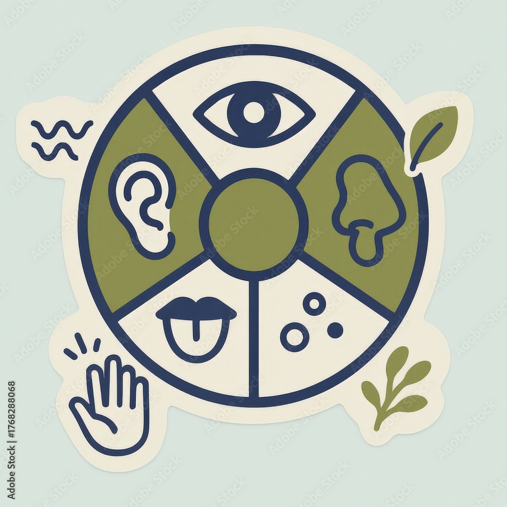 Obraz premium Engaging visual representation of sensory perception illustrating the five senses with eye ear mouth nose hand and organic elements on a serene pastel backdrop expressing human connection
