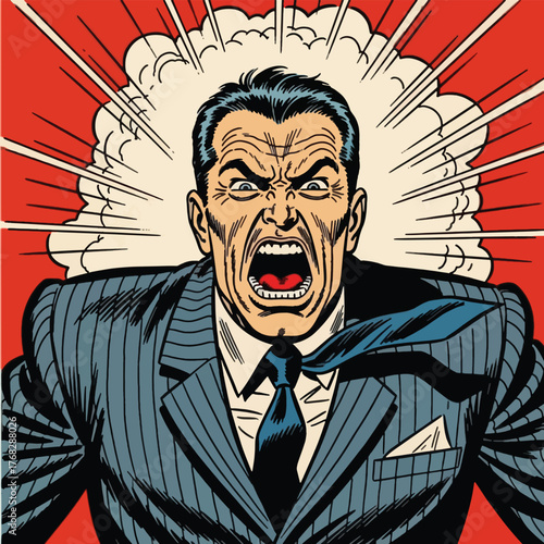 Man in suit screaming with rage, comic book style illustration
