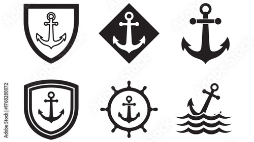 Nautical emblems with anchors ships wheel and silhouettes on transparent background