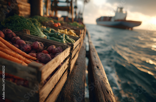 Fototapeta Naklejka Na Ścianę i Meble -  Fresh vibrant vegetables, fruits packed in wooden crates near ocean. Large cargo ship sails on water at golden sunset. Illustrates global food supply chain, international trade, agriculture, export,