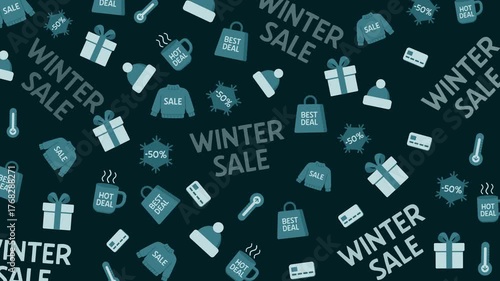Seamless looping animation featuring winter sale icons such as sweaters, mugs, hats, gifts, snowflakes, and shopping bags on a dark background, evoking a cozy seasonal discount theme.
