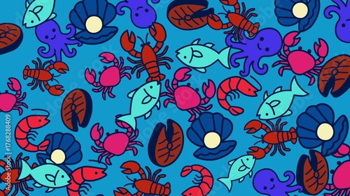 Seamless looping animation featuring colorful sea animals such as fish, crabs, lobsters, octopuses, shrimp, and seashells on a bright blue background, creating a playful marine theme.
