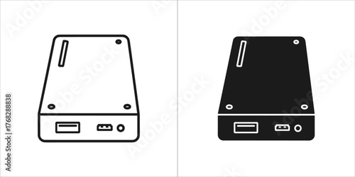 External hard drive icon, black and white outline and solid fill