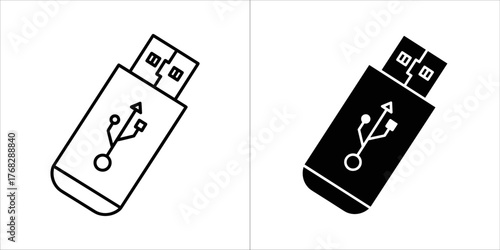 Two icons of a usb flash drive, one outlined and one solid black