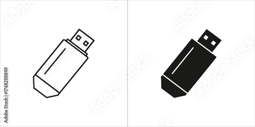 Usb flash drive icon, black and white outline and solid fill