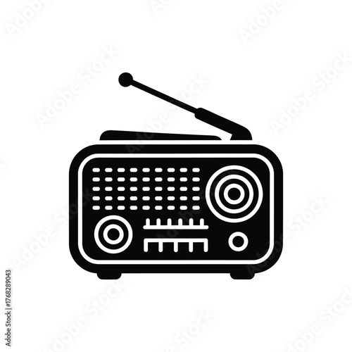 Black Retro Radio Receiver on Transparent Background, Antenna and Dial