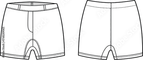 Men’s boxer shorts technical flat fashion sketch front and back view with detailed stitching and waistband design, CAD drawing flat vector illustration
