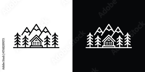 Cabin Icon with Mountain Peaks, Pines, and Square Windows, Simple Line Art Design