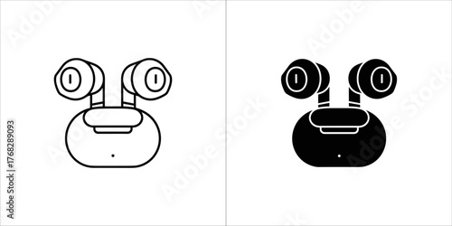 A black and white outline icon of wireless earbuds and charging case