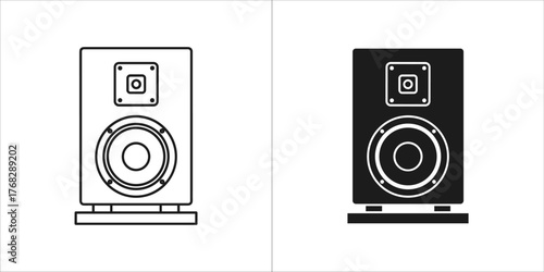 Pair of black and white line art icons of a speaker with stand