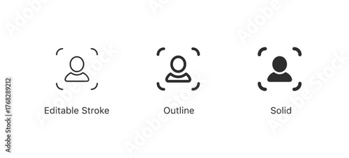 user profile icon with scanning/focus crop marks, in editable stroke, outline, and solid styles, representing user ID, account, face recognition, and digital identity