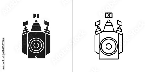 Two big ben clock tower icons, one filled black and one outline