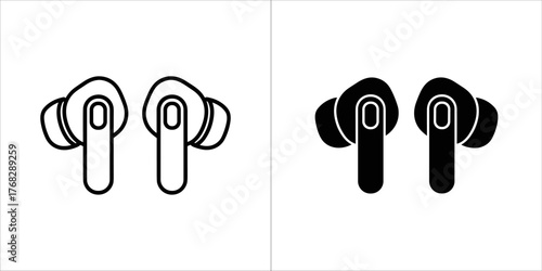 Two icons of wireless earbuds, one outlined and one solid black