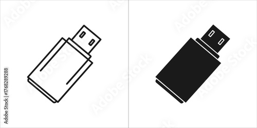 Two icons of a usb flash drive, one outline and one solid