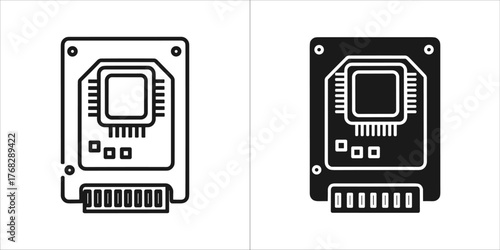 Circuit board icon with a chip and connector, one in outline and one in solid black