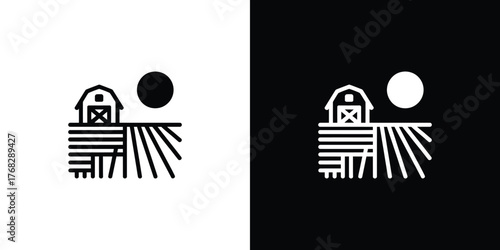 Minimalist Barn with Field Icon on Transparent Background in Black and White Style