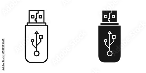 Two icons of a usb flash drive with usb symbol, one black and white, one black