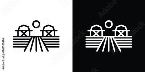 Minimalist Farming Landscape with Barns and Sun Outline on a Transparent Backdrop