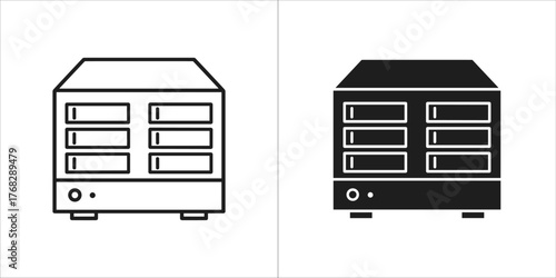 Two icons of a hard drive enclosure, one outline and one solid