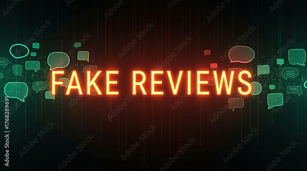 Obraz premium Bright neon text reading 'FAKE REVIEWS' against a dark digital background with chat bubbles.