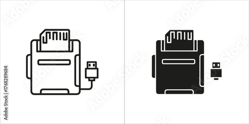 Card reader icon with usb cable, black and white outline and solid fill