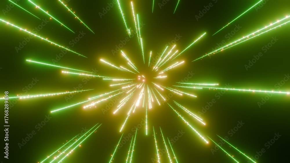 Naklejka premium ワープ空間のエフェクト背景素材。粒子を撒き散らす黄緑色のビームが放出される集中線のイラスト