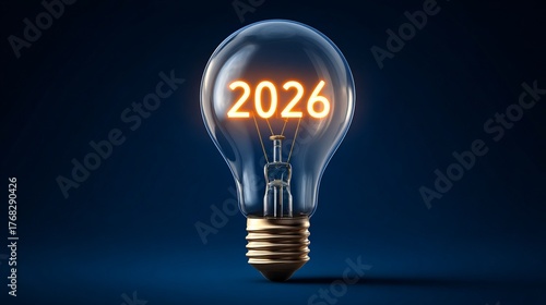 Bright light bulb with the year 2026 illuminated represents new beginnings and innovation in the upcoming year