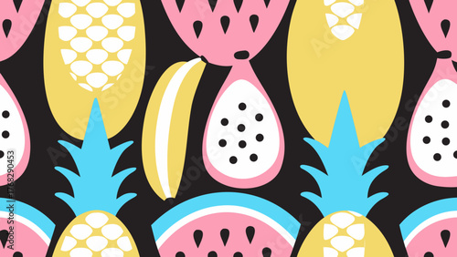 Colorful, stylized illustration of various tropical fruits arranged on black background.