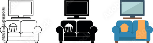 Cozy Home Entertainment Vector Illustration Featuring Sofa TV and Popcorn for Relaxation and Enjoyment