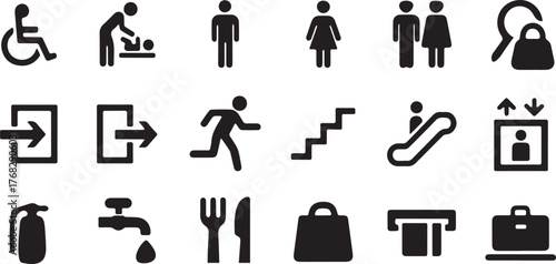 Navigational Icons Compilation Accessibility, Assistance, Directional Guidance Universal Symbols for Public Spaces Modern Signage Design Vector Graphic Elements