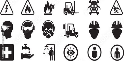  Hazard Warning Icons: Electrical, Flame, Burn, Forklift, Toxic, Biohazard, Safety Glasses, Protection Gear, First Aid, Hand Washing, Shower, Eye Protection, Worker Symbols