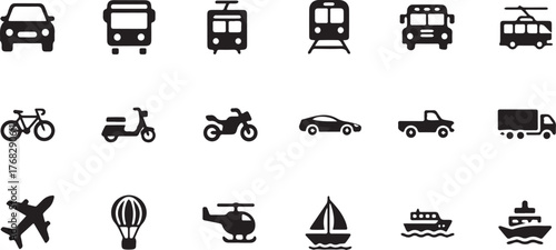 Various Land Transportation Icons: Car, Bus, Tram and Metro Subway - Silhouette Style Illustration Vectors Isolated on Neutral BG