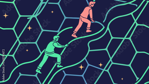 Two figures climbing a network of interconnected lines against a dark blue background with geometric shapes.