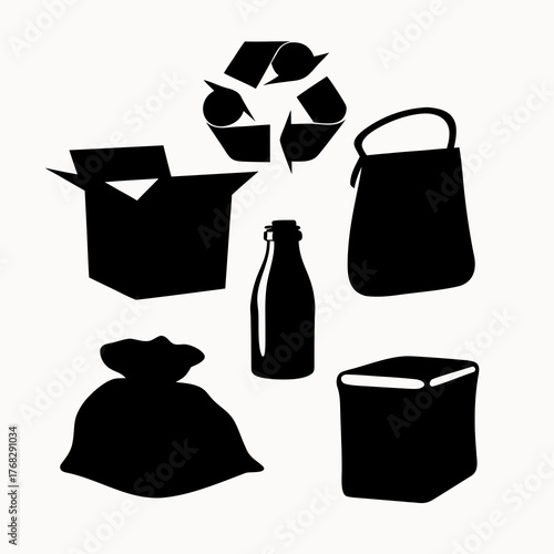 Black silhouettes of recycling symbol box bottle bag and other containers on a white background art