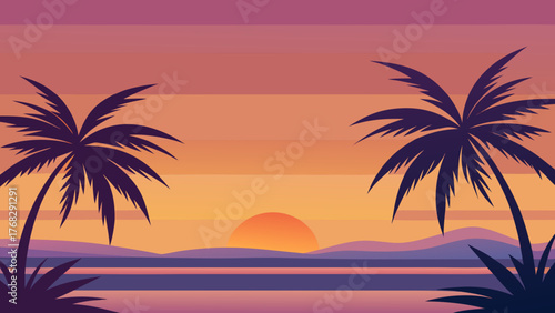 A vibrant sunset scene featuring silhouettes of palm trees, ocean, and mountains.