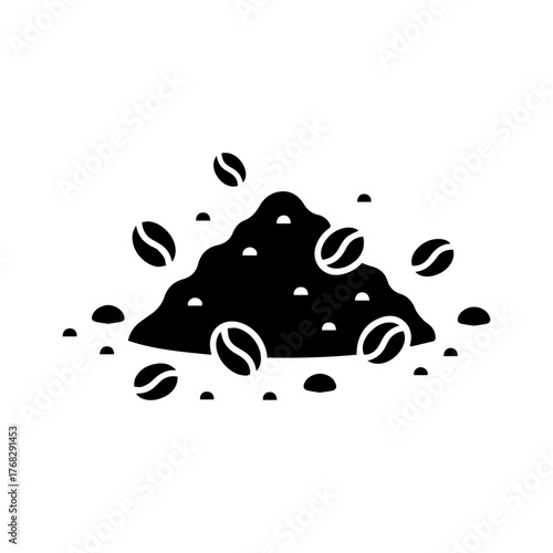 Black Silhouette Icon of Coffee Powder and Beans. Minimalist black silhouette icon of coffee powder and beans on white background.