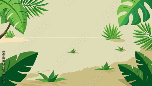 A serene tropical landscape with lush green foliage and sandy shore.