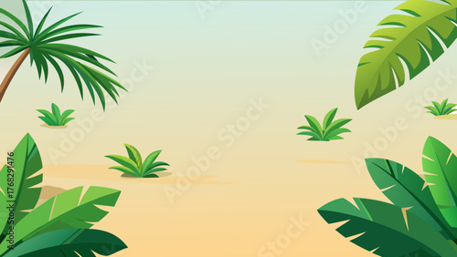 Tropical scene with palm trees, large leaves, and small bushes on a sandy ground, depicted in a cartoon style.