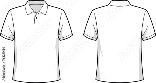 Polo shirt technical sketch front and back view, casual short sleeve clothing template for men fashion, CAD drawing flat vector illustration