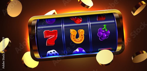 Shining slot machine with classic gambling symbols and flying golden coins, perfect for casino game design. Vector illustration