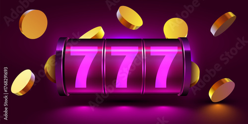 Shining slot machine with classic gambling symbols and flying golden coins, perfect for casino game design. Vector illustration